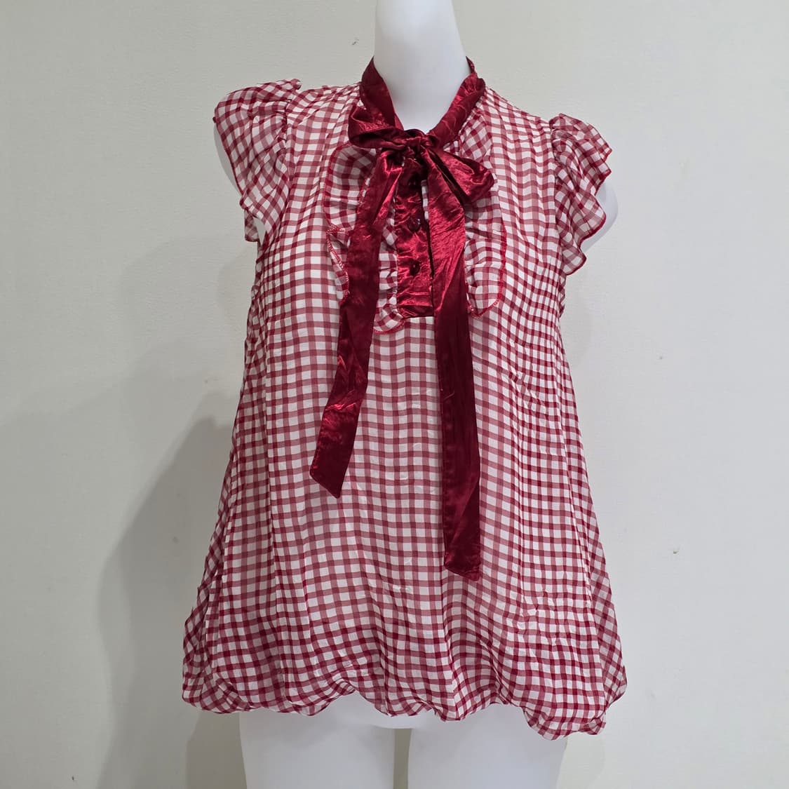 빈티지)스즈코 모리걸 레드벌룬 체크리본 로맨틱갸루 레이어드 프릴블라우스 상품이미지1