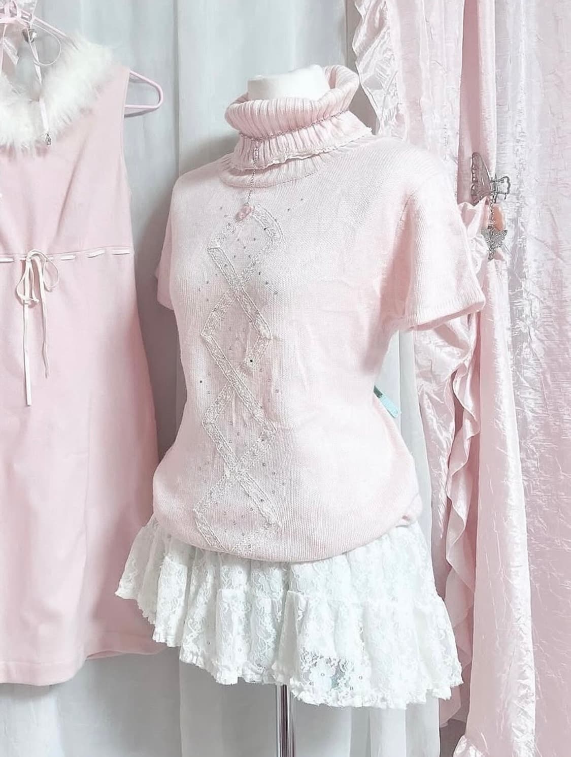 딸기우유 핑크 반팔 목폴라 니트 상품이미지1