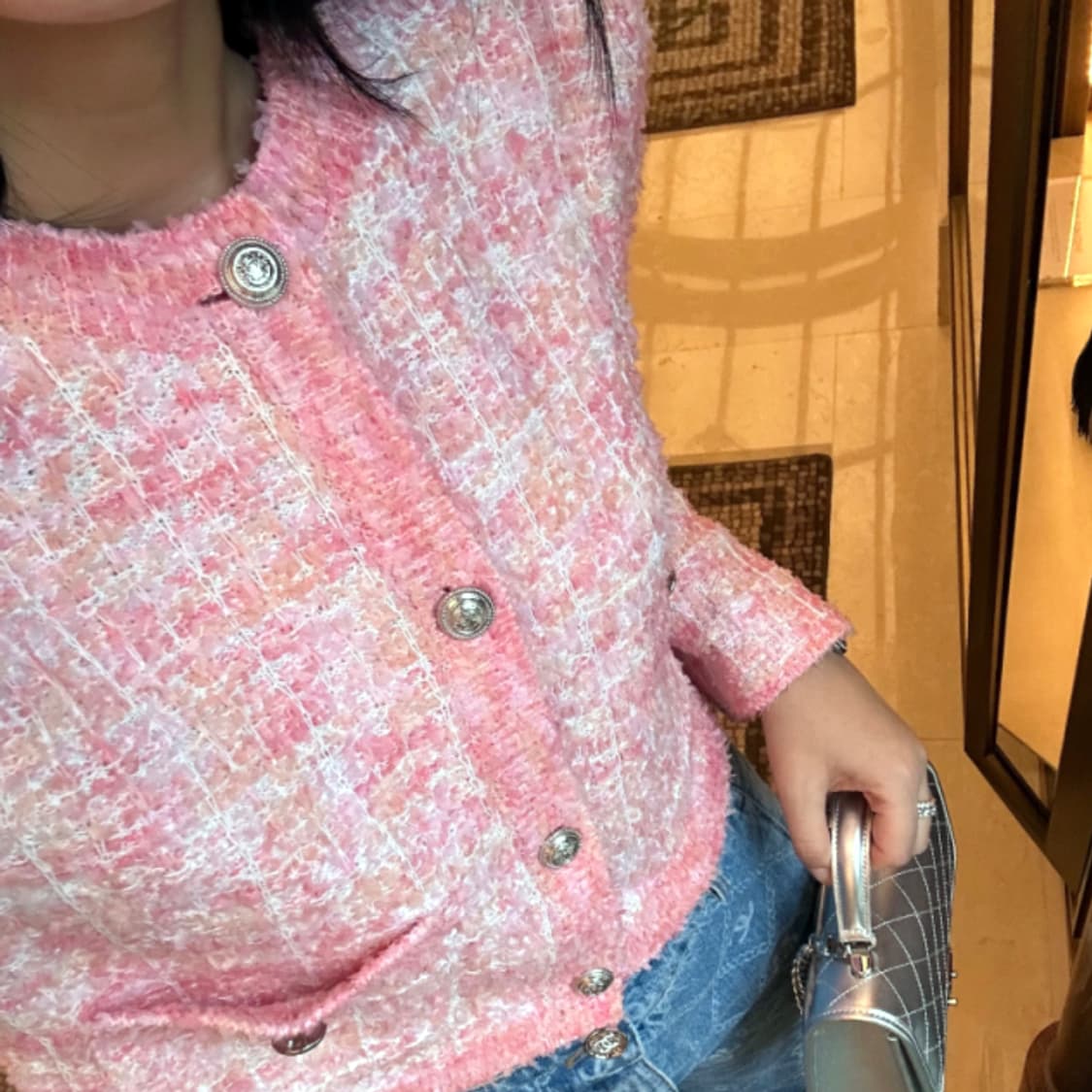 마이아이코(MYEYEKO) 핑크 블러썸 트위드 니트자켓 프리사이즈 새상품 상품이미지3