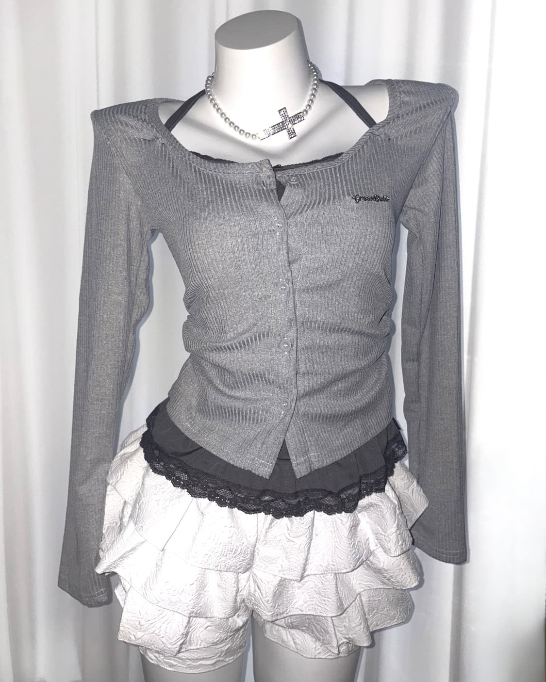 [hina lace T] 레이스 레이어드 홀터넥 긴팔 티셔츠 블라우스 상품이미지3