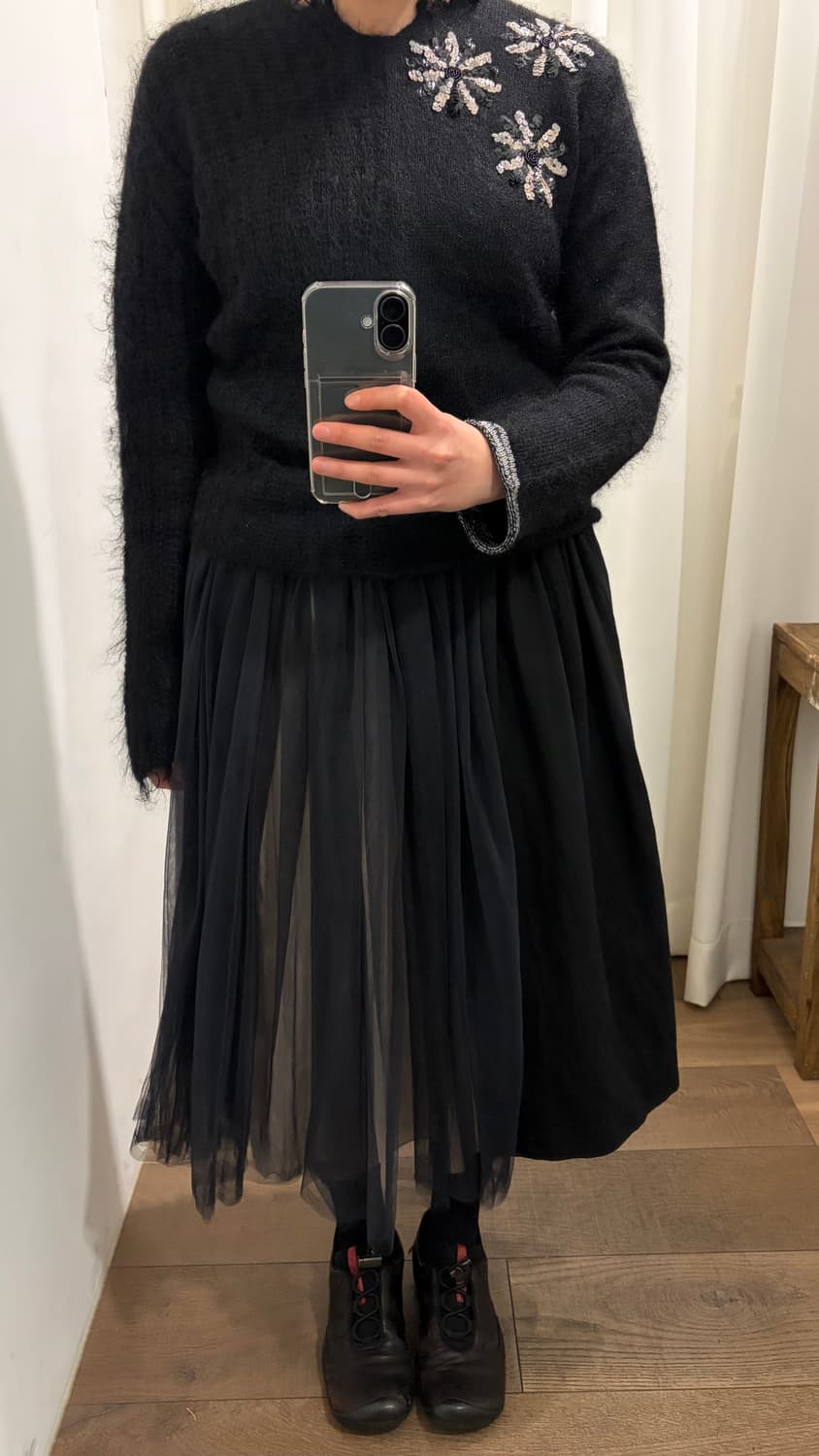 Tulle Docking Wool Shirring Skirt 상품이미지2