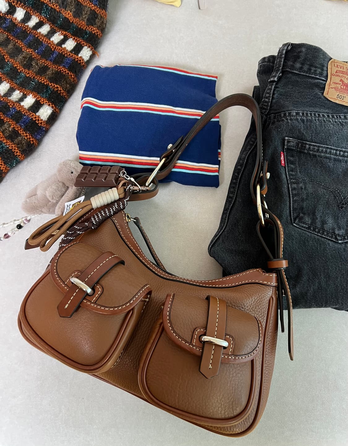 정품 투포켓 가죽숄더백 y2k 카멜브라운 코치 셀린 느낌 키링포함 상품이미지1