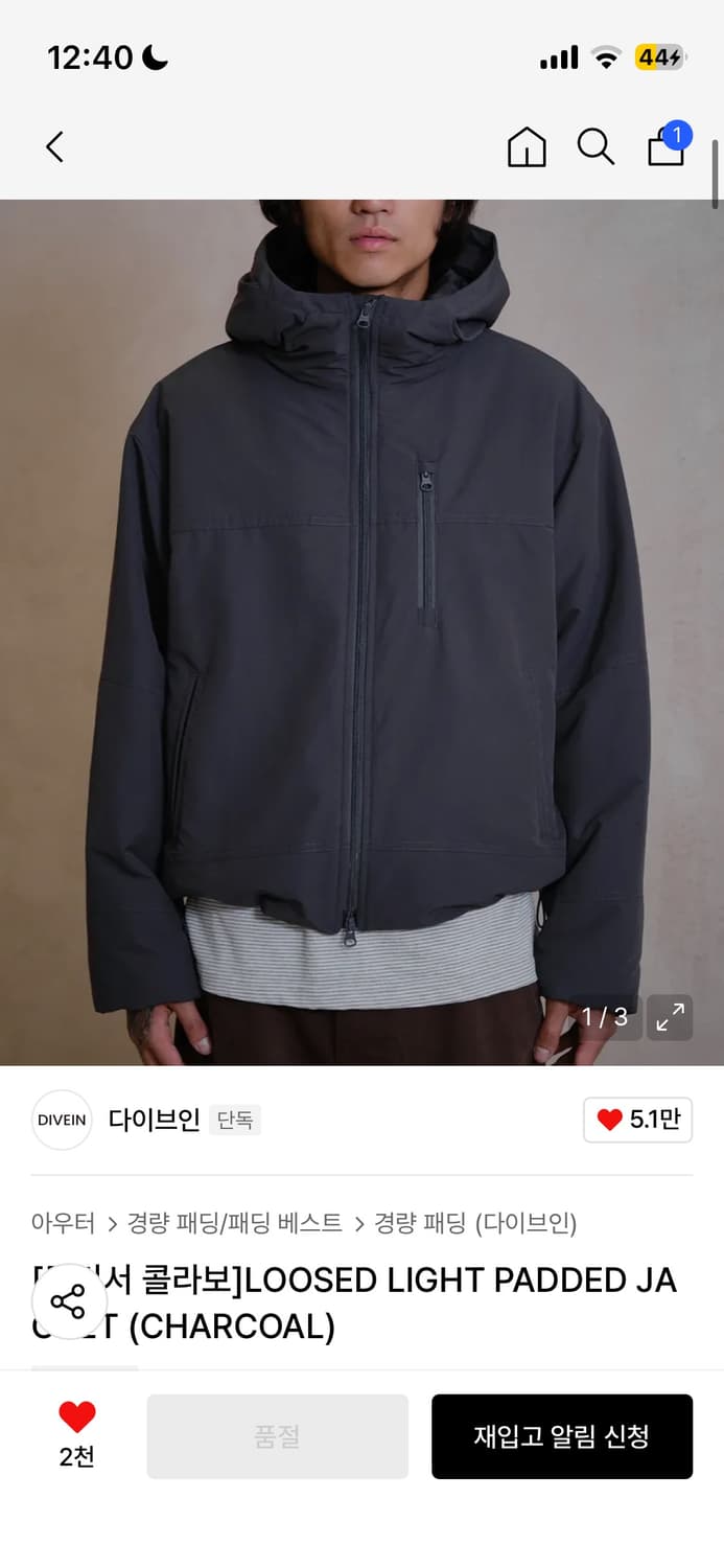 다이브인 LOOSED LIGHT PADDED JACKET 차콜 0사이즈 상품이미지1