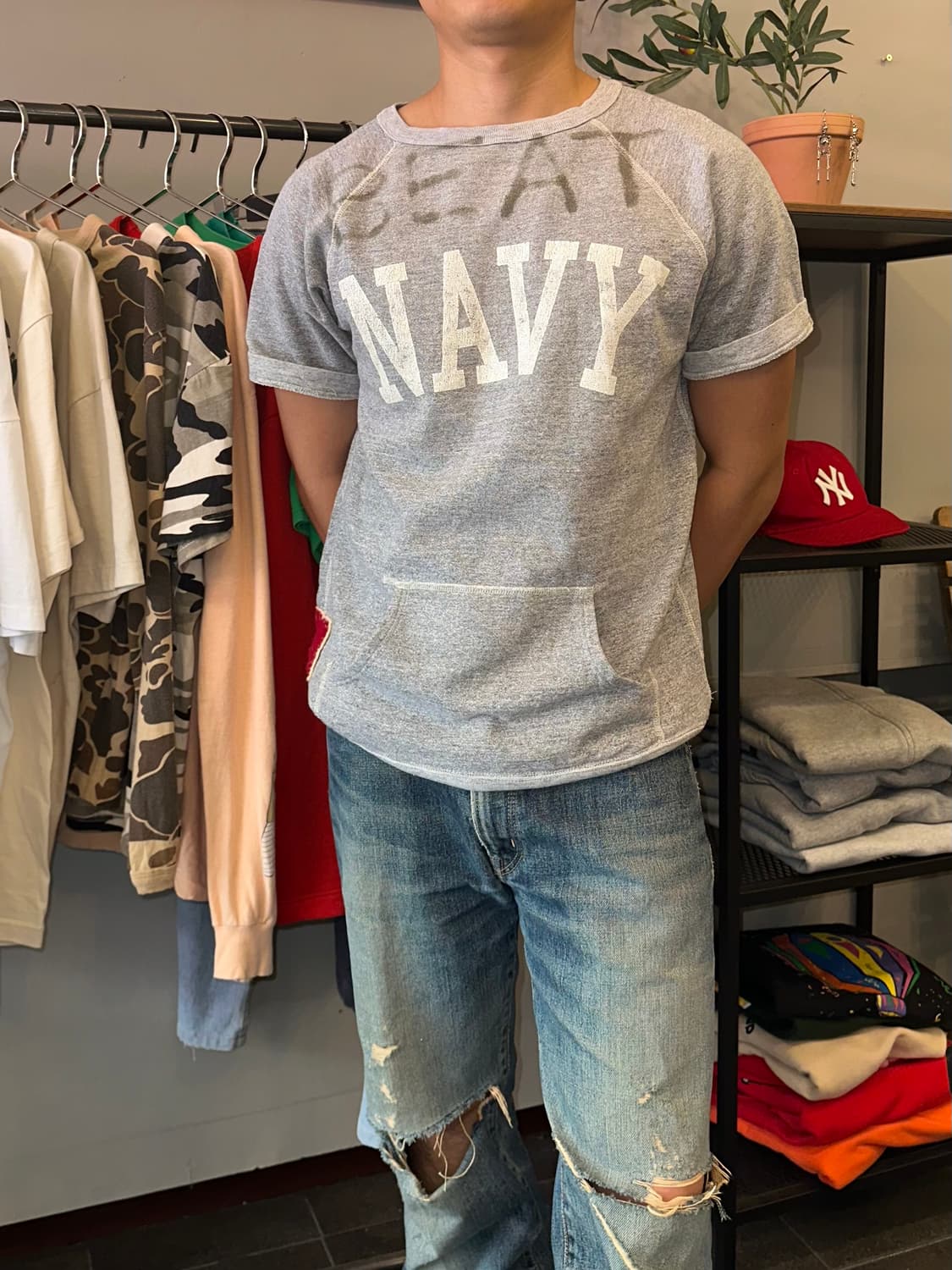 Denim Dungaree NAVY beat knitted half T 상품이미지1