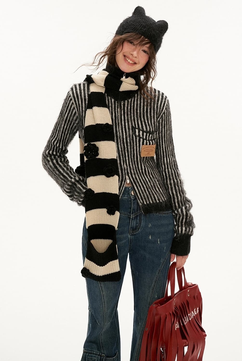Kitty Hooded Striped Zip-Up Cardigan  상품이미지3