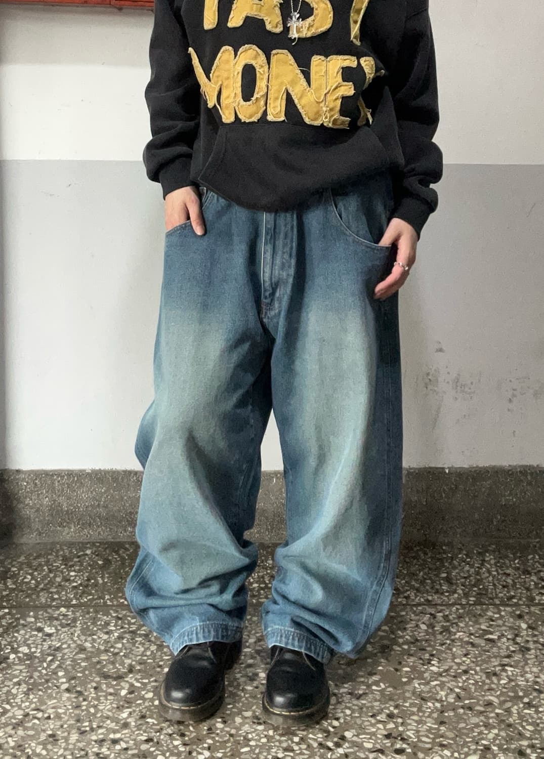 90s 오일워싱 중청 데님 와이드 팬츠 상품이미지1