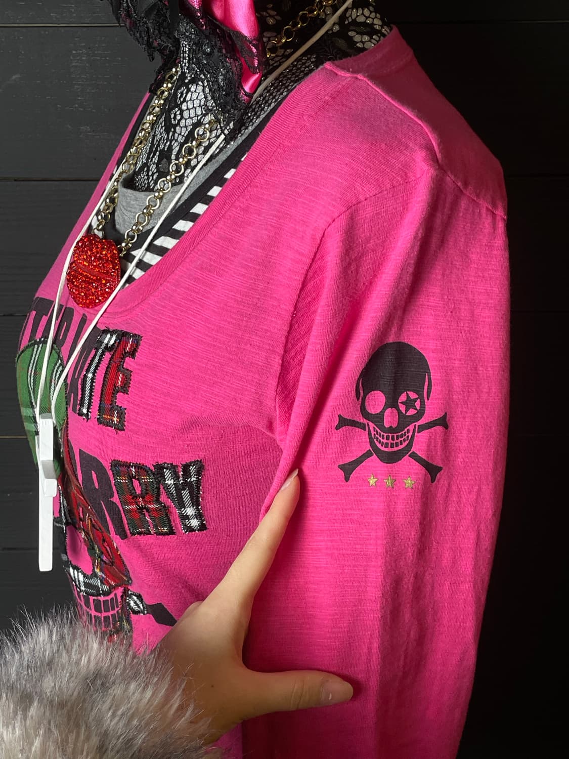 JPN 갸루 펑크 스컬 해골 스트라이프 줄무늬 핑크 롱슬리브 상품이미지4