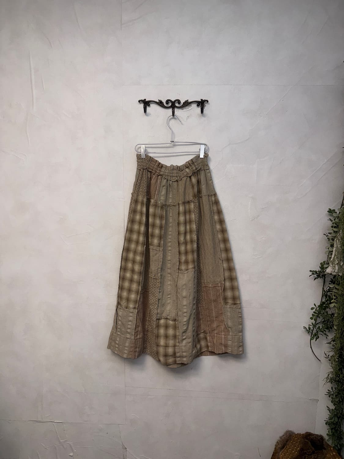 Pink beige check patchwork banding skirt 상품이미지4