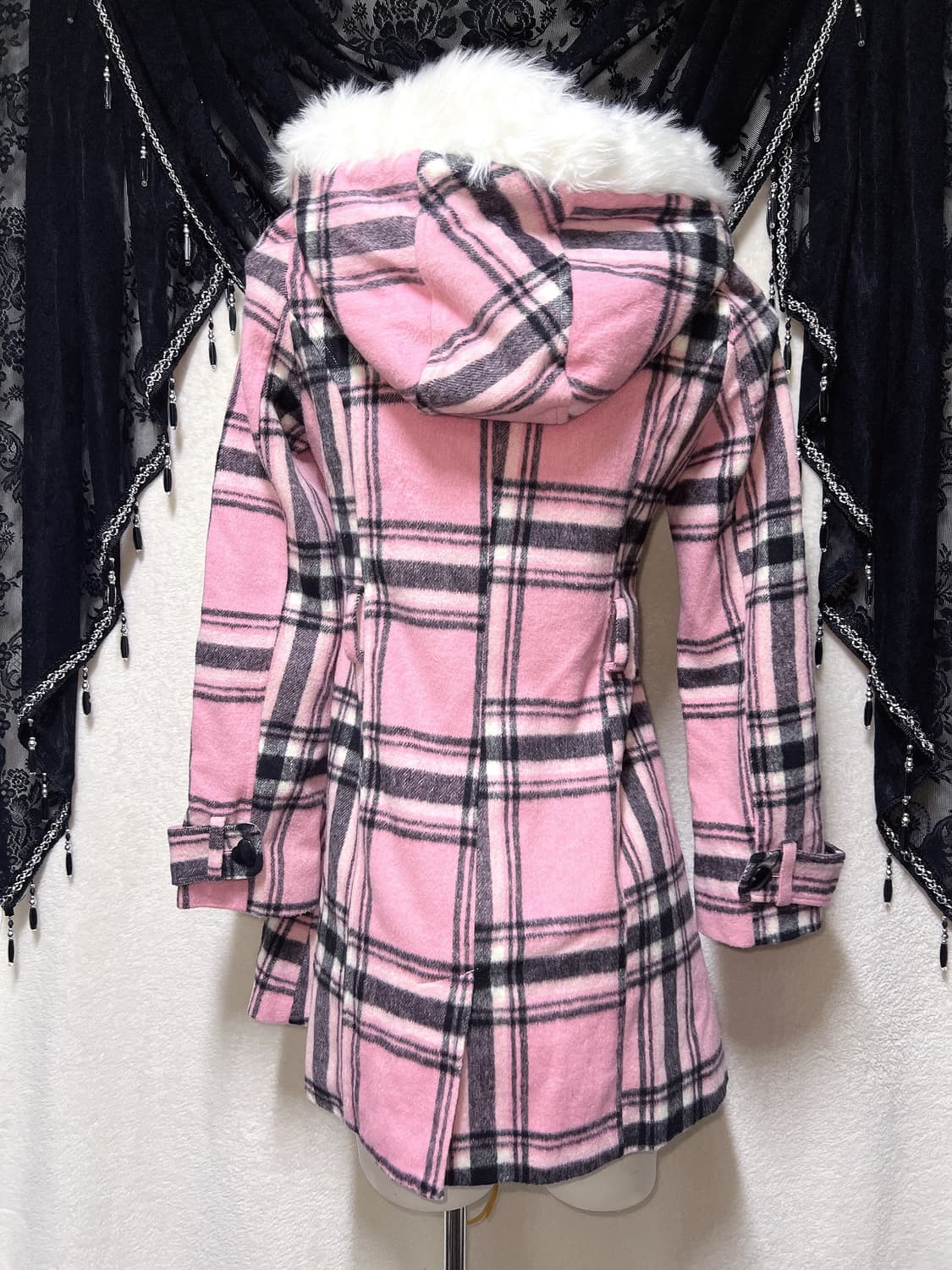 트랄라라 리즈리사 핑크 체크 퍼후드 폼폼 떡볶이코트 로맨틱갸루 로걀 핀터 상품이미지8