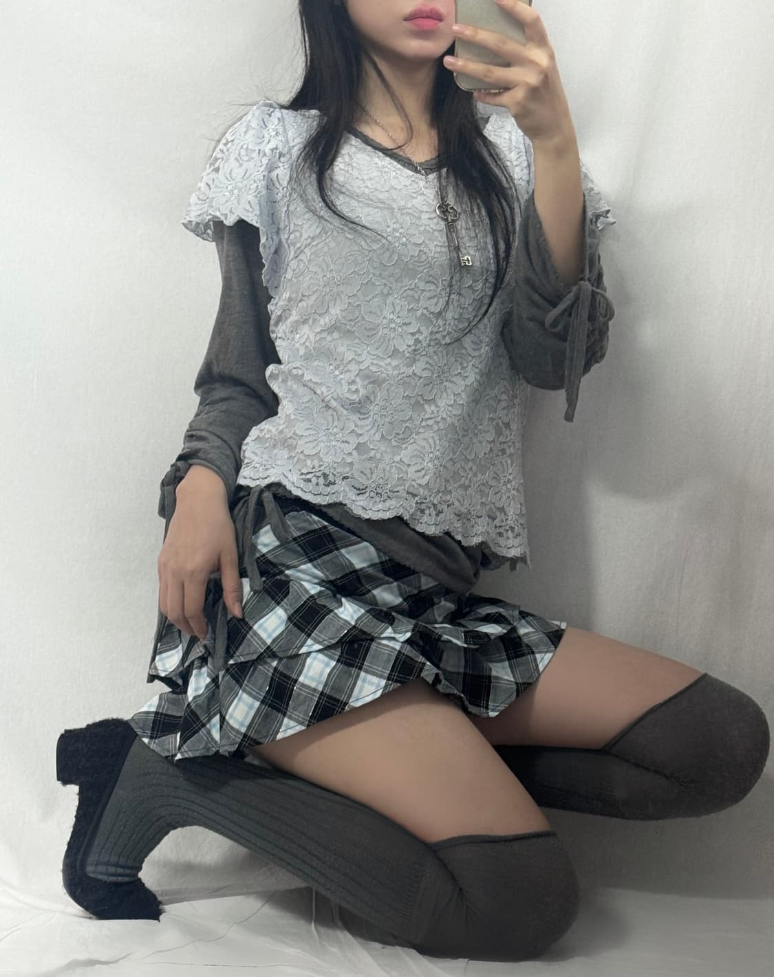 레이스 러플 셔링 탑 글리터 체크 스커트 3pcs SET 상품이미지2