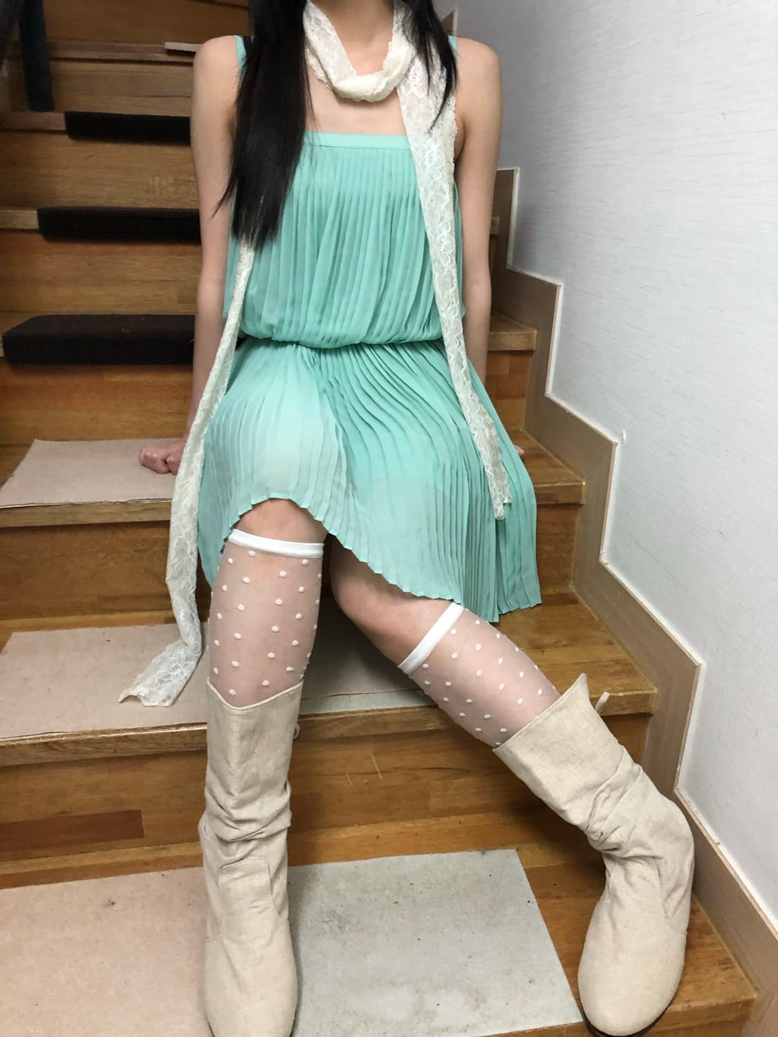 빈티지 민트 플리츠 원피스 상품이미지3