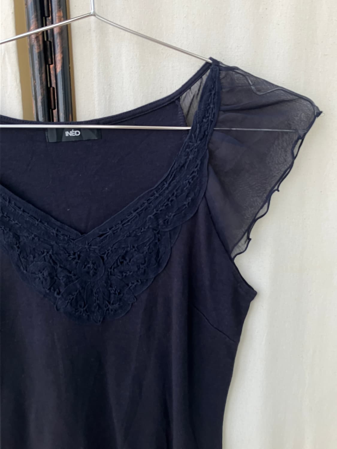 navy crochet shoulder sheer blouse 상품이미지4