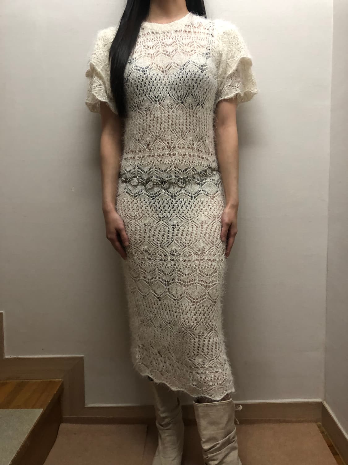 빈티지 화이트 프릴 글리터 니트 원피스 상품이미지8