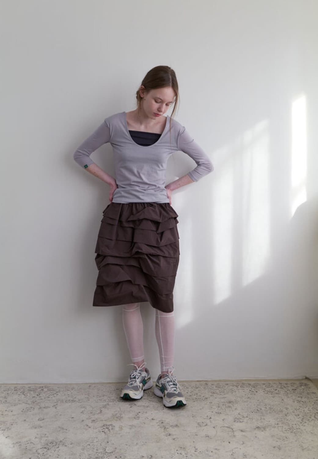 NOCONTENT Nylon Pintuck Mid Skirt(brown) 상품이미지1