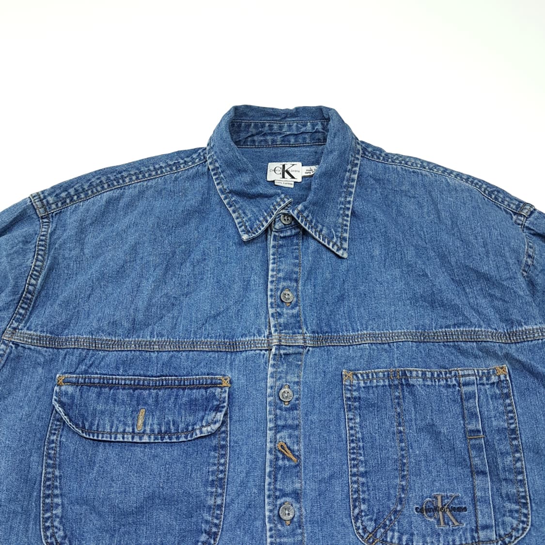 CL394 L 캘빈클라인 90s 홍콩판 코튼 미디엄블루 데님셔츠 남방 상품이미지2