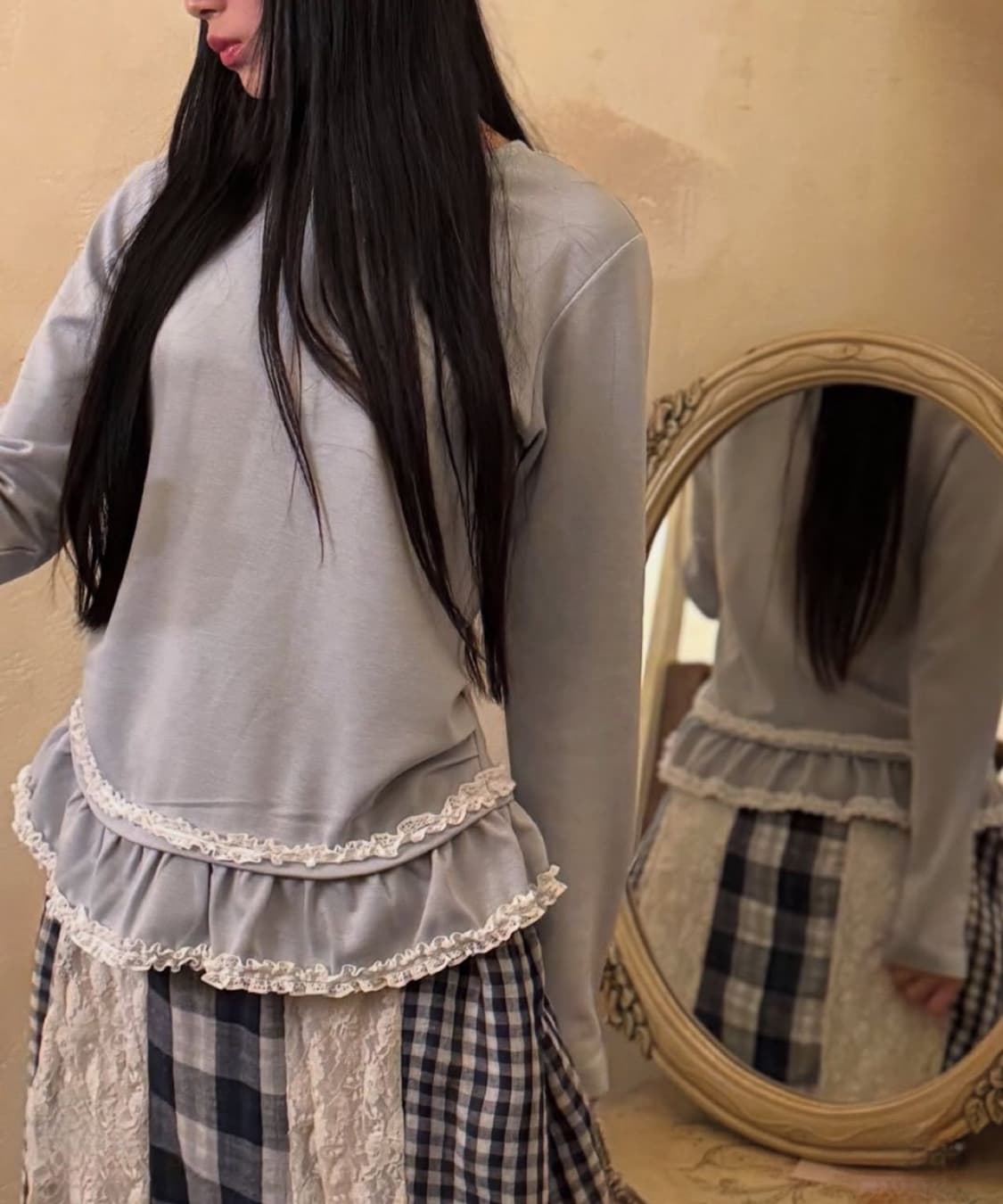 미헤브 더블 레이스 셔링 롱슬리브 파스텔 블루 상품이미지4