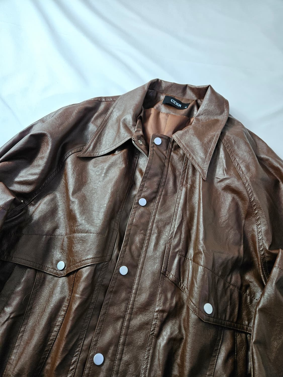 씨더 CIDER 크롭 레더 브라운 블루종자켓 가죽자켓 바이커 M 상품이미지2