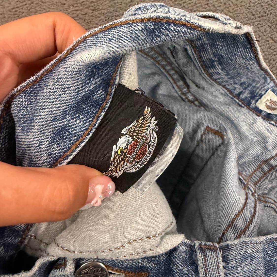[ 정품/34X34 ] 할리데이비슨 빈티지 가죽 패치 로고 데님 청바지 상품이미지5