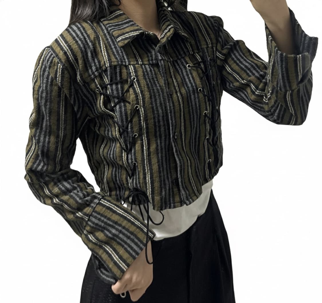 [~2.12](마지막 가격)스트라이프 레이스업 포인트 크롭 카키 자켓 상품이미지1