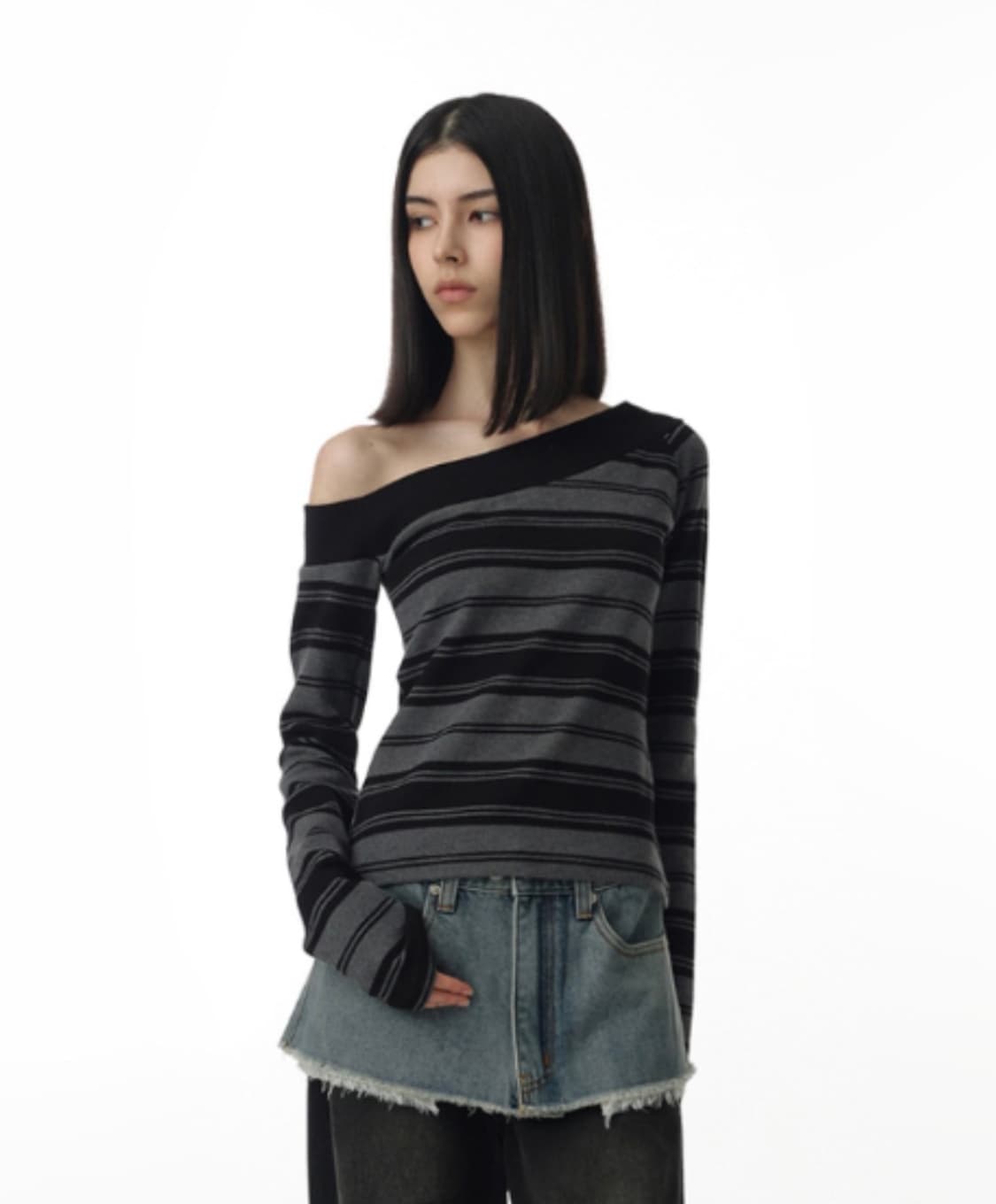 MILLO WOMEN 스트라이프 오프숄더 티셔츠 상품이미지1