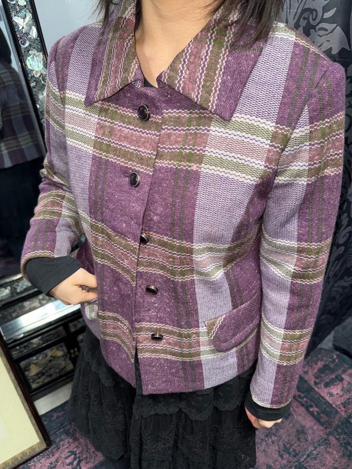 빈티지 퍼플 체크 엔틱단추 자켓 상품이미지5