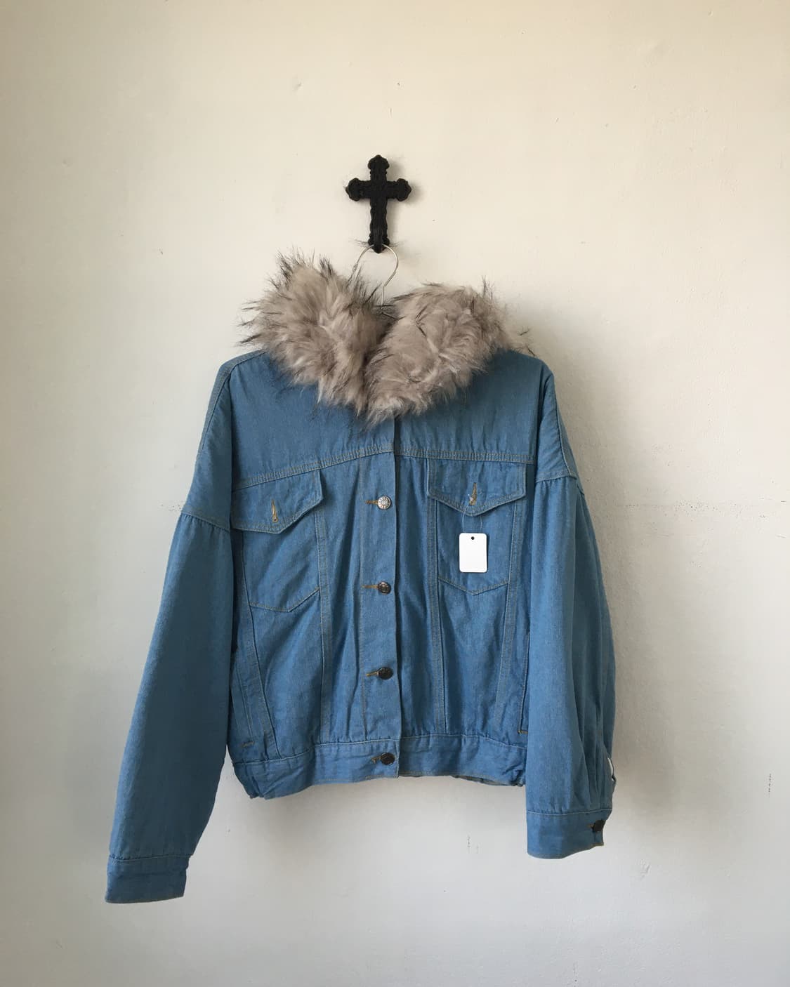 Fake fur hood denim jacket 상품이미지2