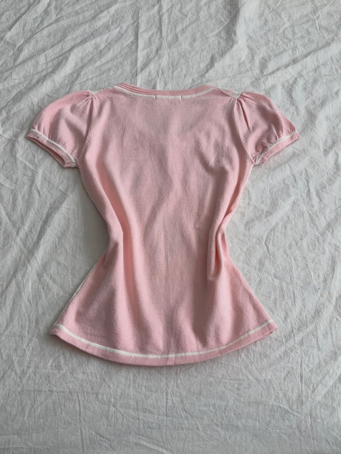 베이비 핑크 로걀 딱붙 아가일 반팔 니트 탑 상품이미지4