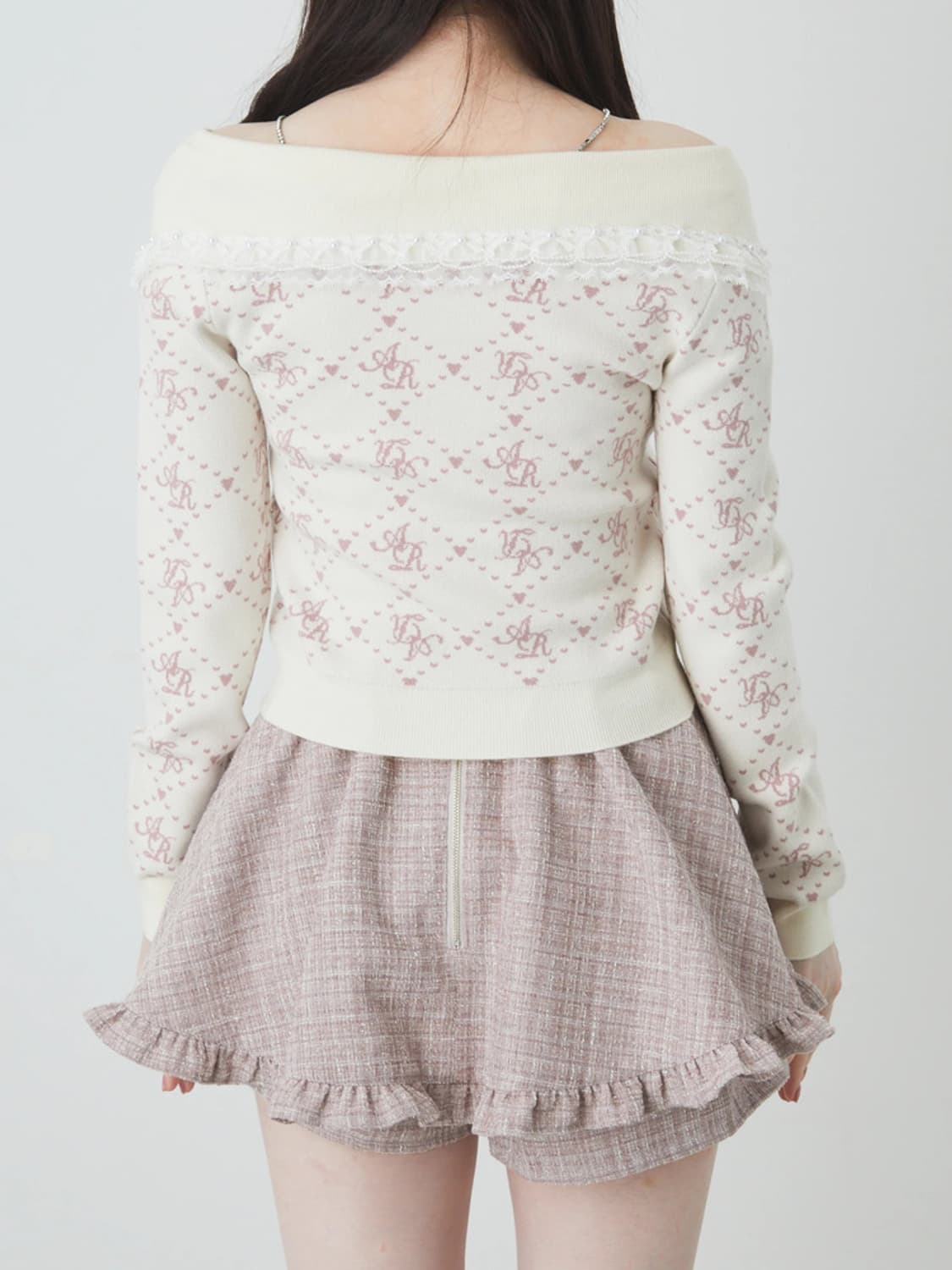 앙크루즈 오프숄더 리본 레이스 니트 화이트 핑크 판매 상품이미지3