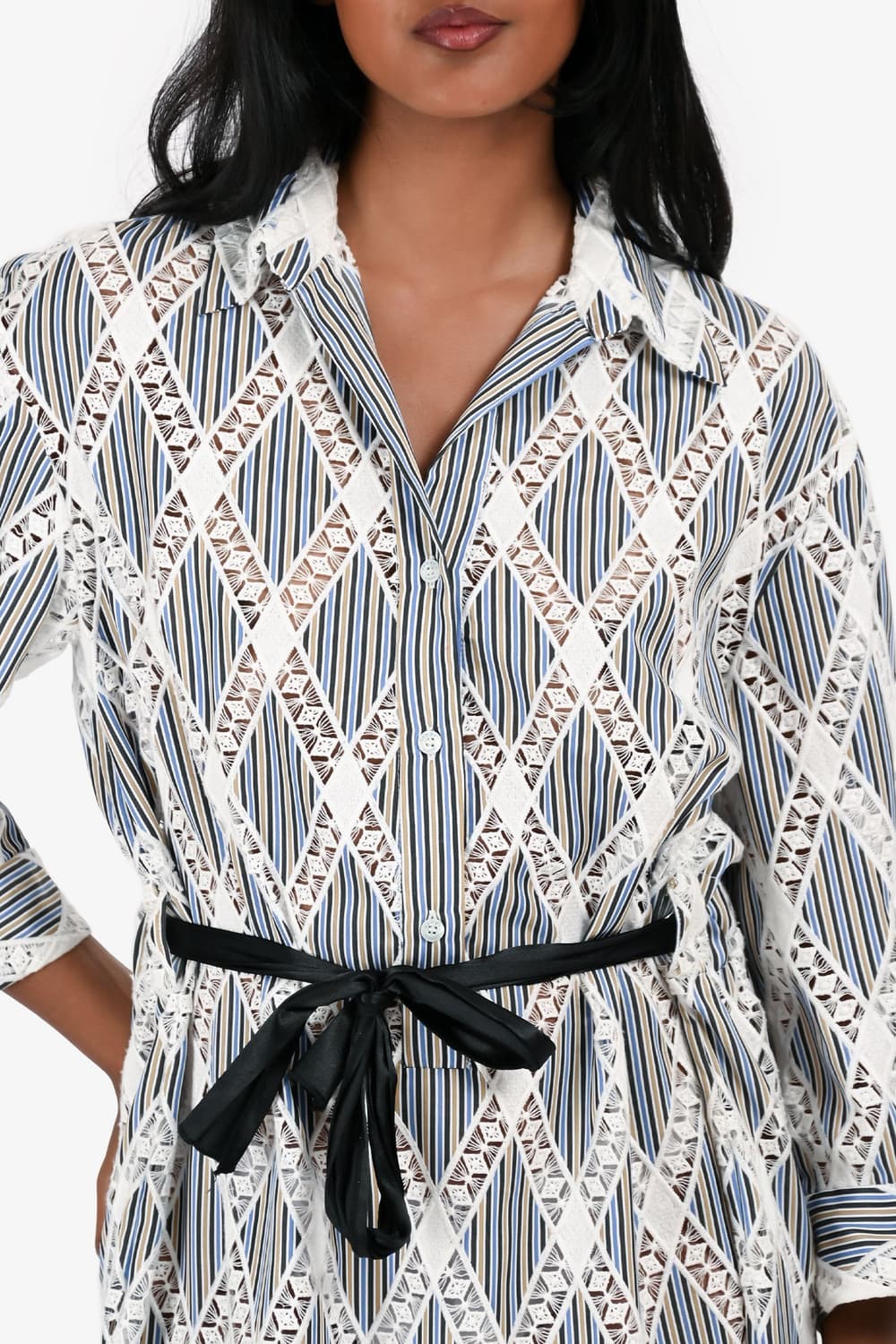 산드로 블루/화이트 스트라이프 코튼/레이스 셔츠 드레스 상품이미지4