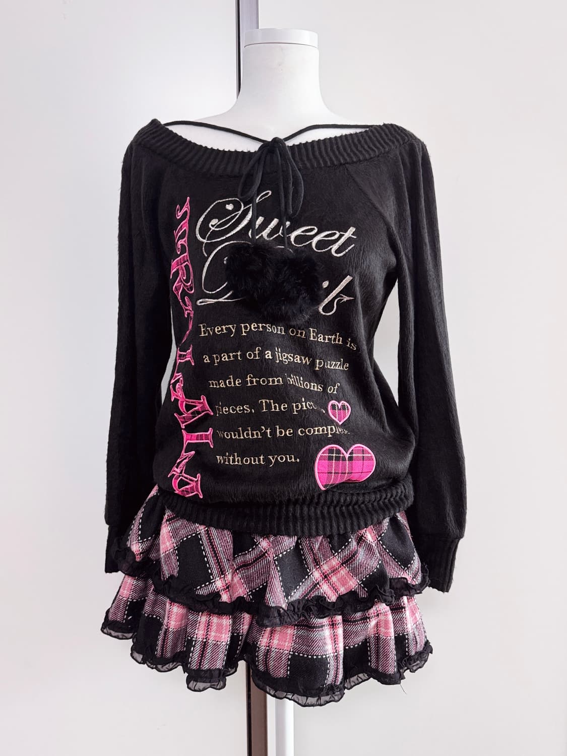 Tralala 트랄랄라 캐캐체깔 핑크체크 블랙폼폼니트 상품이미지1