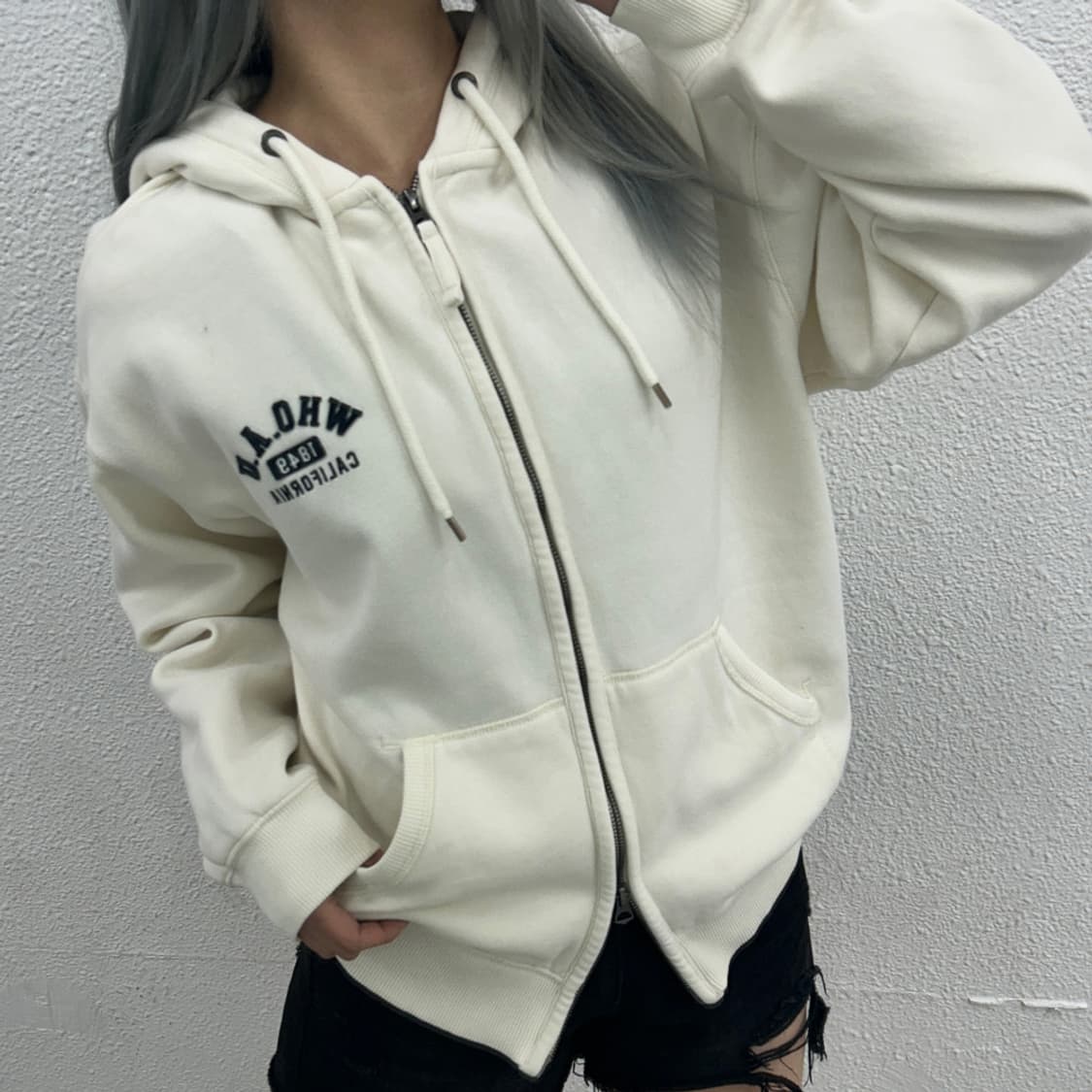 후아유 미니로고 아이보리 후드집업 S 상품이미지2