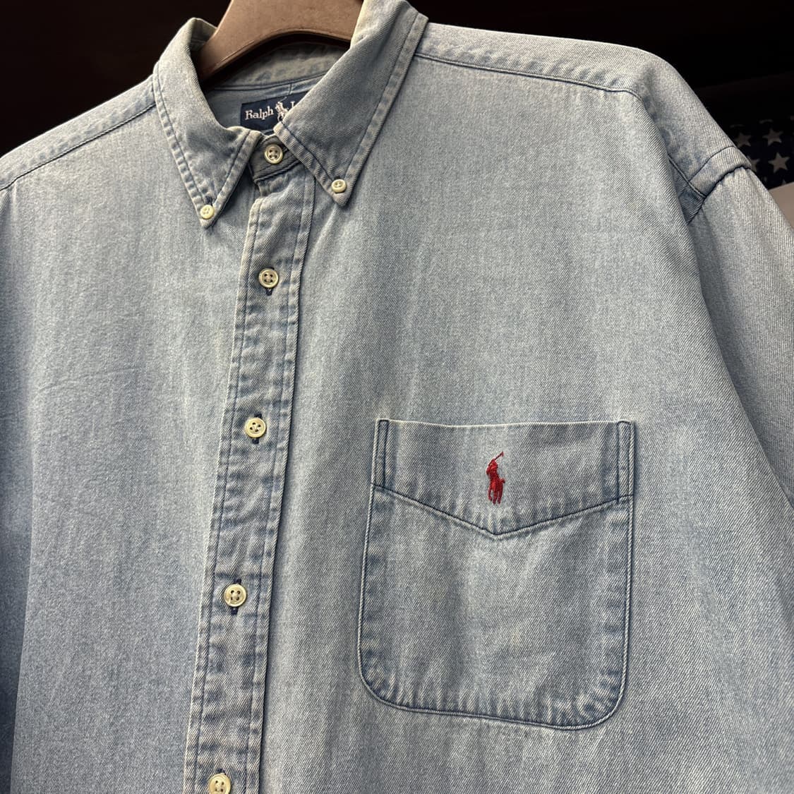 90s 폴로 랄프로렌 빅셔츠 라인 워크포켓 데님셔츠 레드포니 N1013 상품이미지5