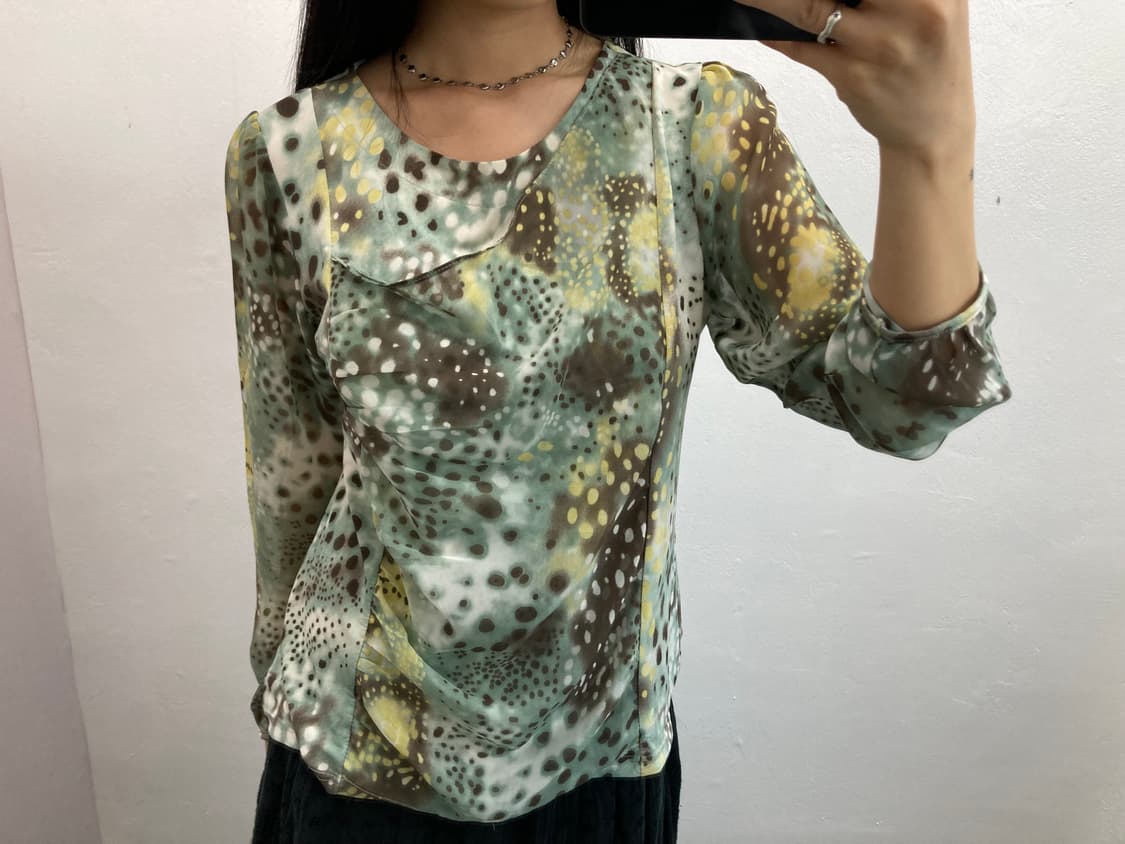 민트 도트 프린팅 긴팔 블라우스 상품이미지1