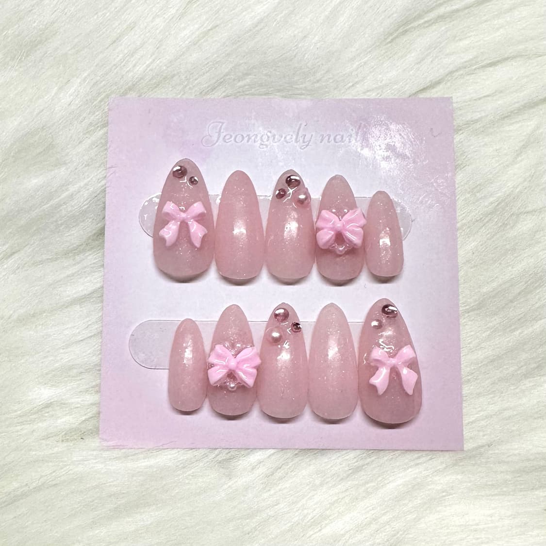 큐빅진주🎀 베이비핑크 수제네일팁 발레코어 리본 공주 네일 상품이미지2