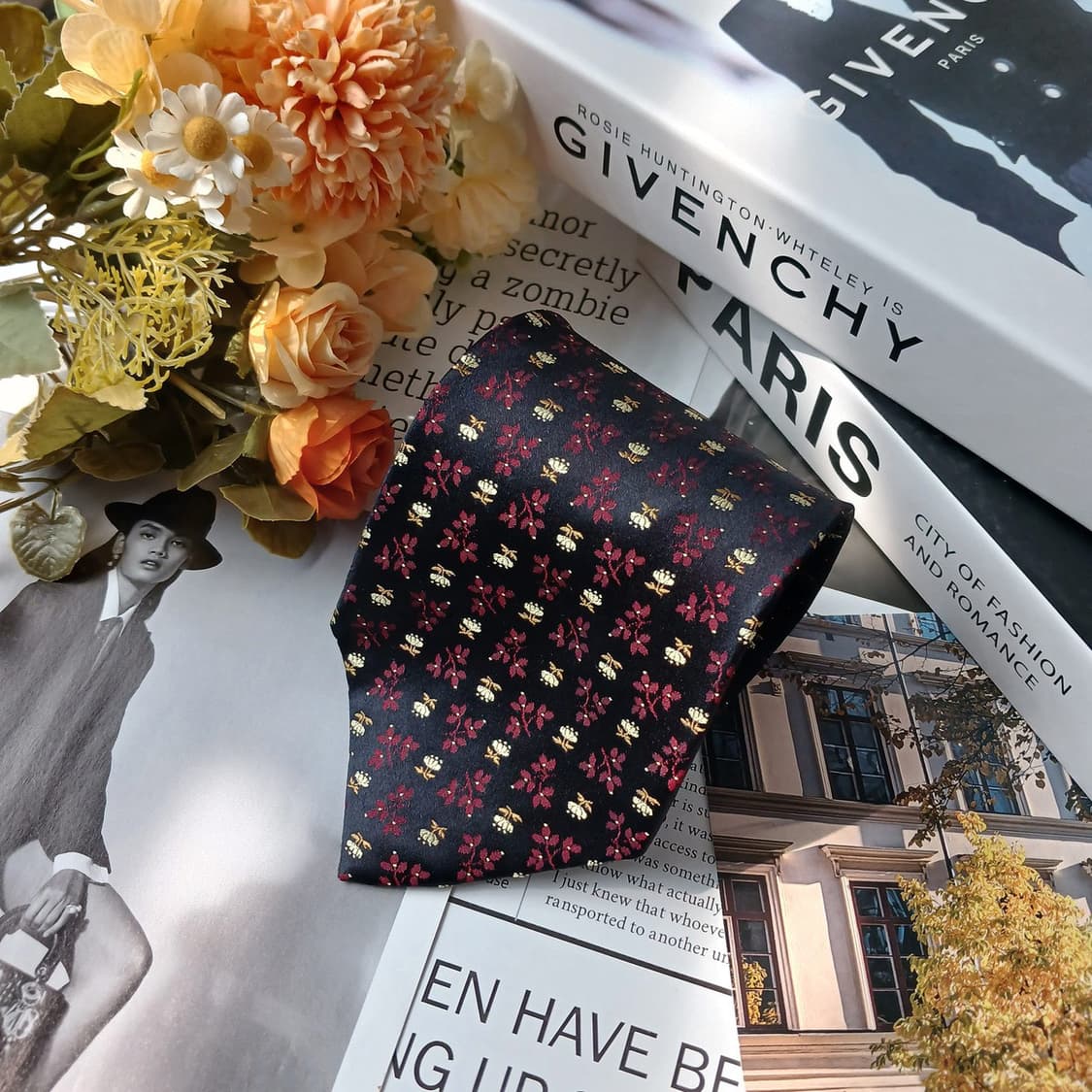 지방시 실크 블랙 플라워 자수 패턴 넥타이 9.6cm A+등급 E856 상품이미지2