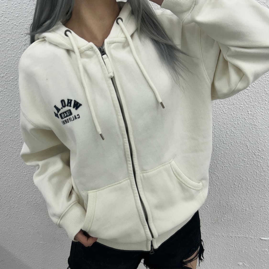 후아유 미니로고 아이보리 후드집업 S 상품이미지1