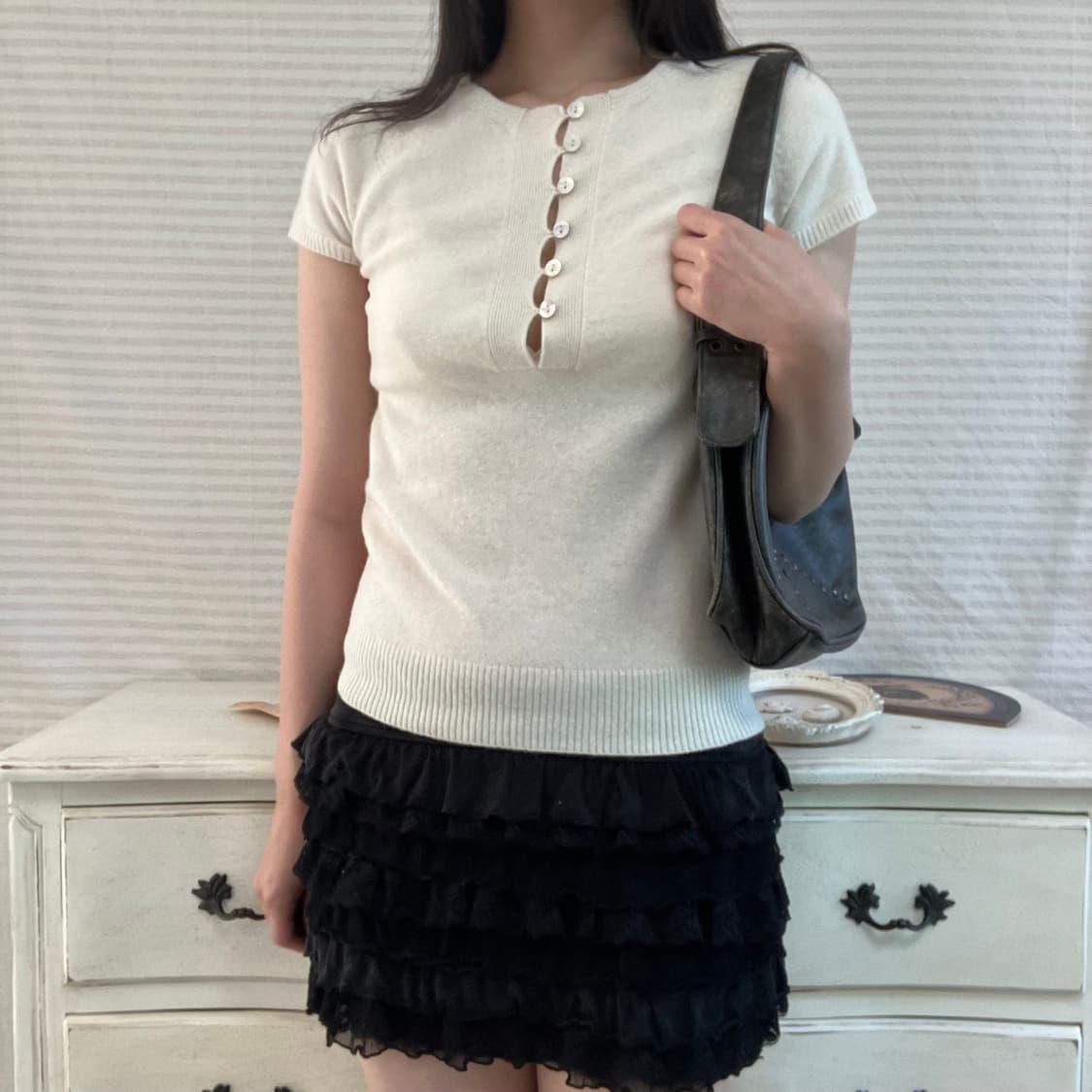 jpn vintage 아이보리 버튼 반팔 니트 y2k 스트릿 갸루 펑키 상품이미지1