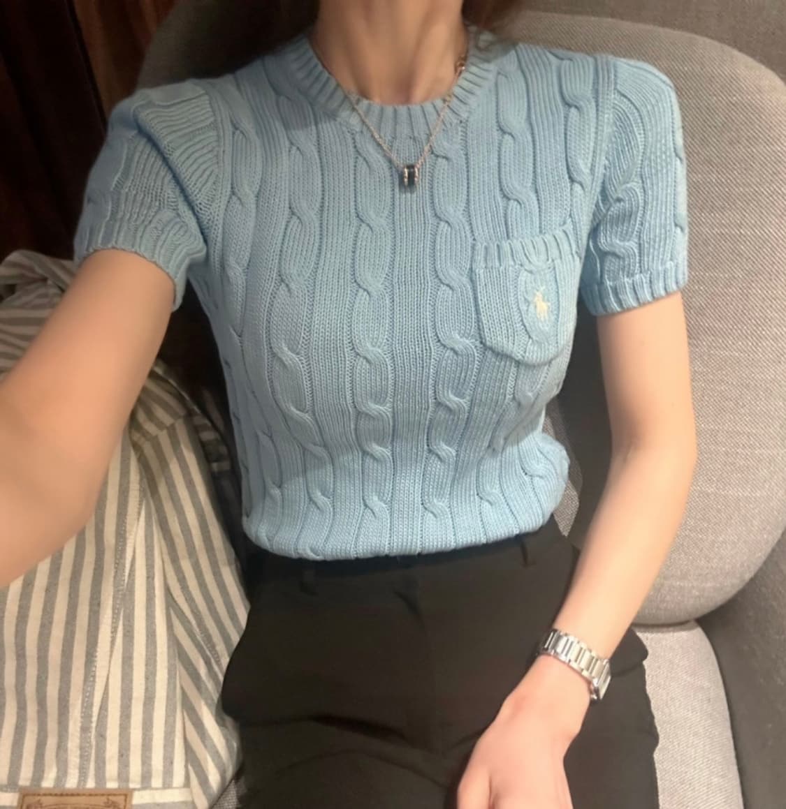 폴로 랄프로렌 신형 큐알 꽈배기 케이블 반팔 니트 소라 블루 S   상품이미지2