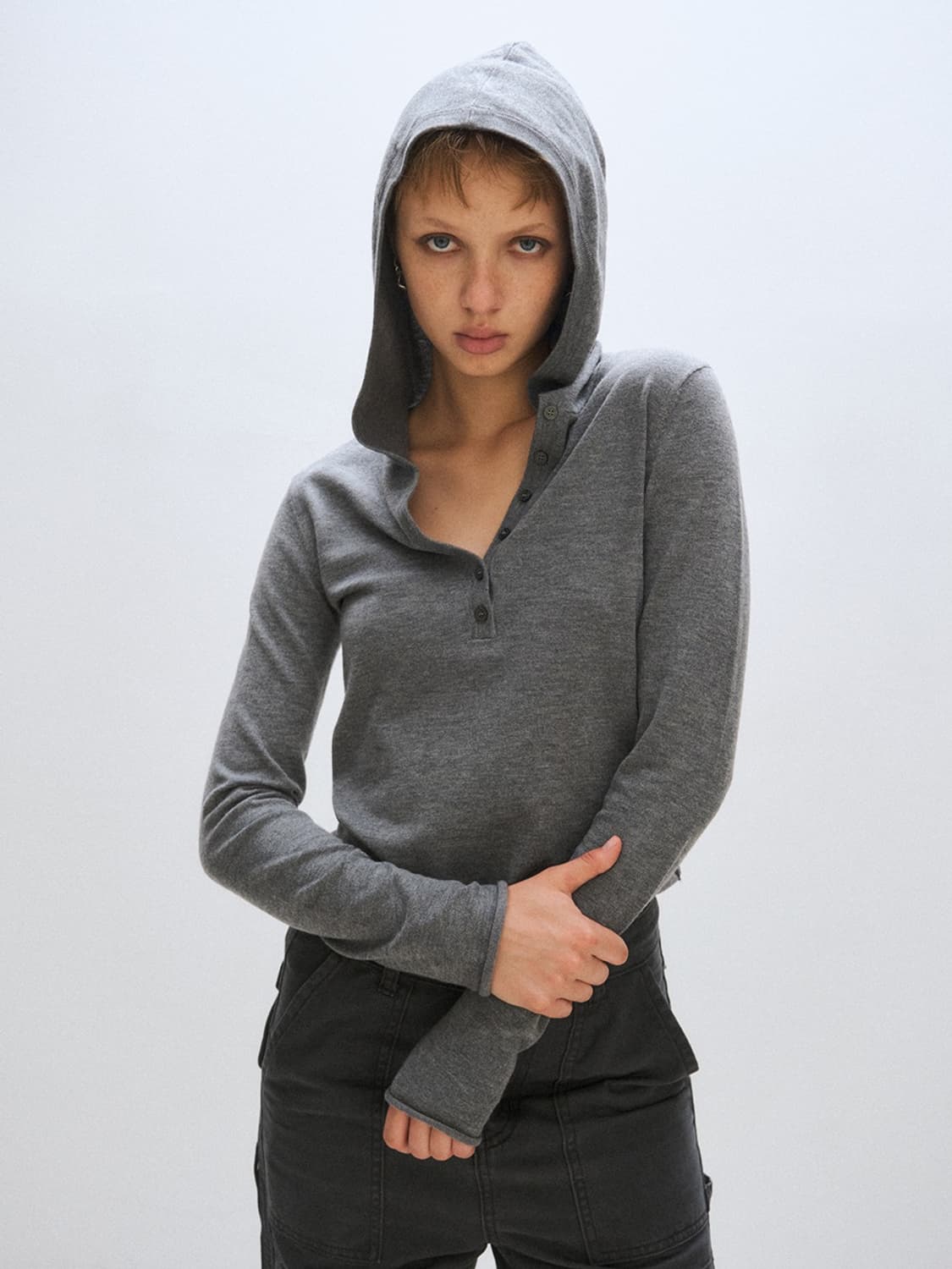OPEN HOOD KNIT, HEATHER GRAY 상품이미지1