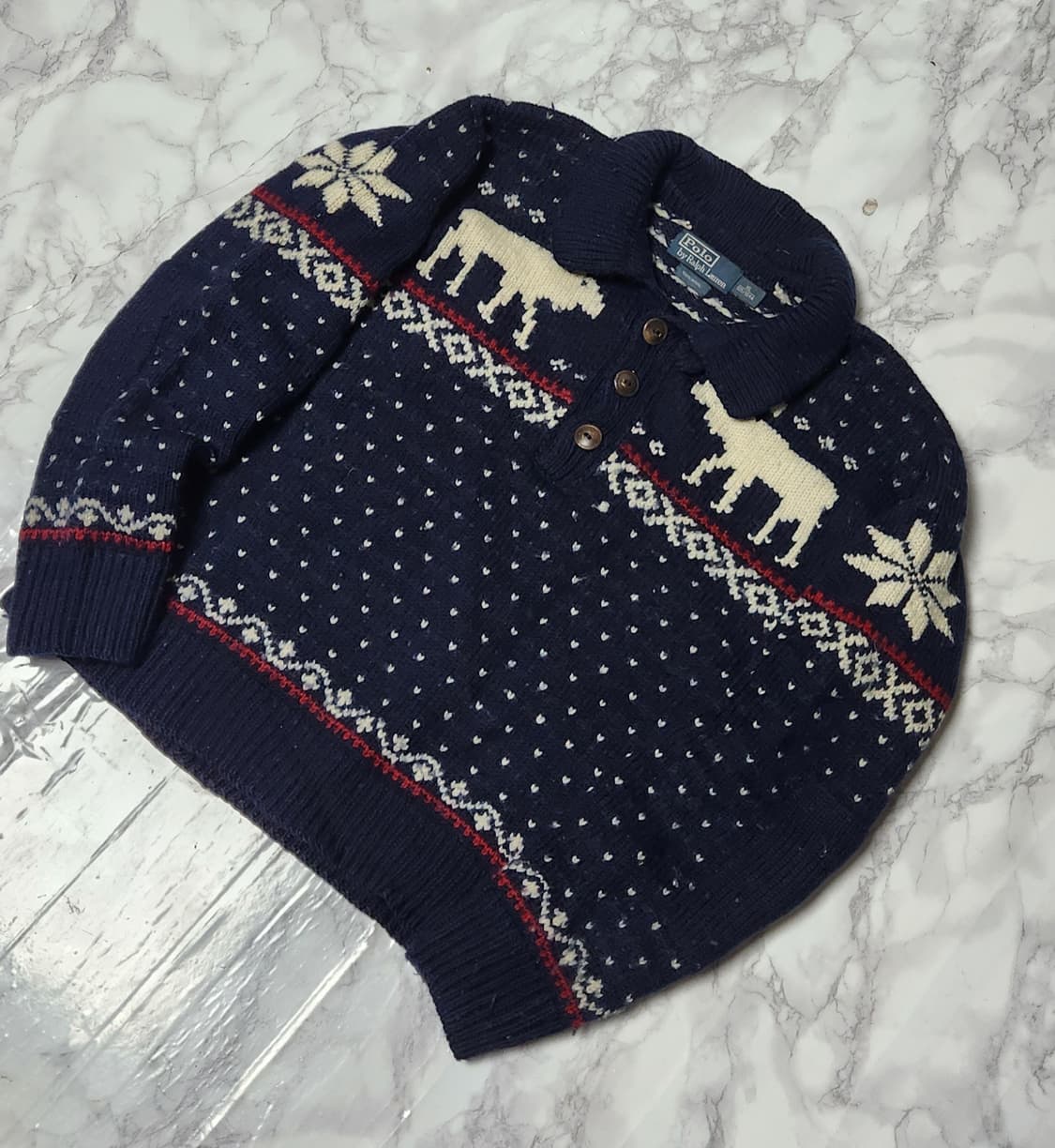 폴로 랄프로렌 코위찬 90s 하트패턴 노르딕 네이비 반집업니트 상품이미지2