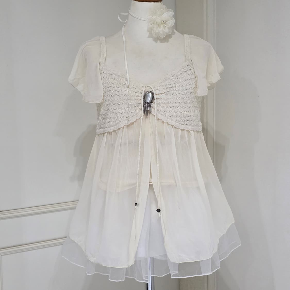 일본빈티지)라떼히메갸루 엔젤 모리걸 니트글리터 시스루 셔링 슬리브리스 상품이미지2