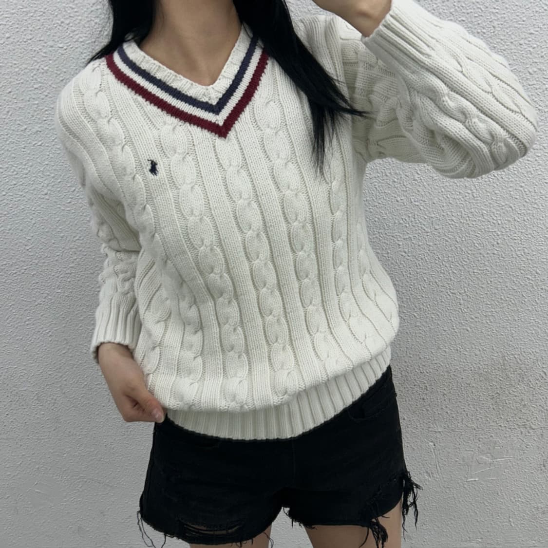 폴로 랄프로렌 네이비포니 화이트 꽈배기 브이 도톰 니트 L 상품이미지1