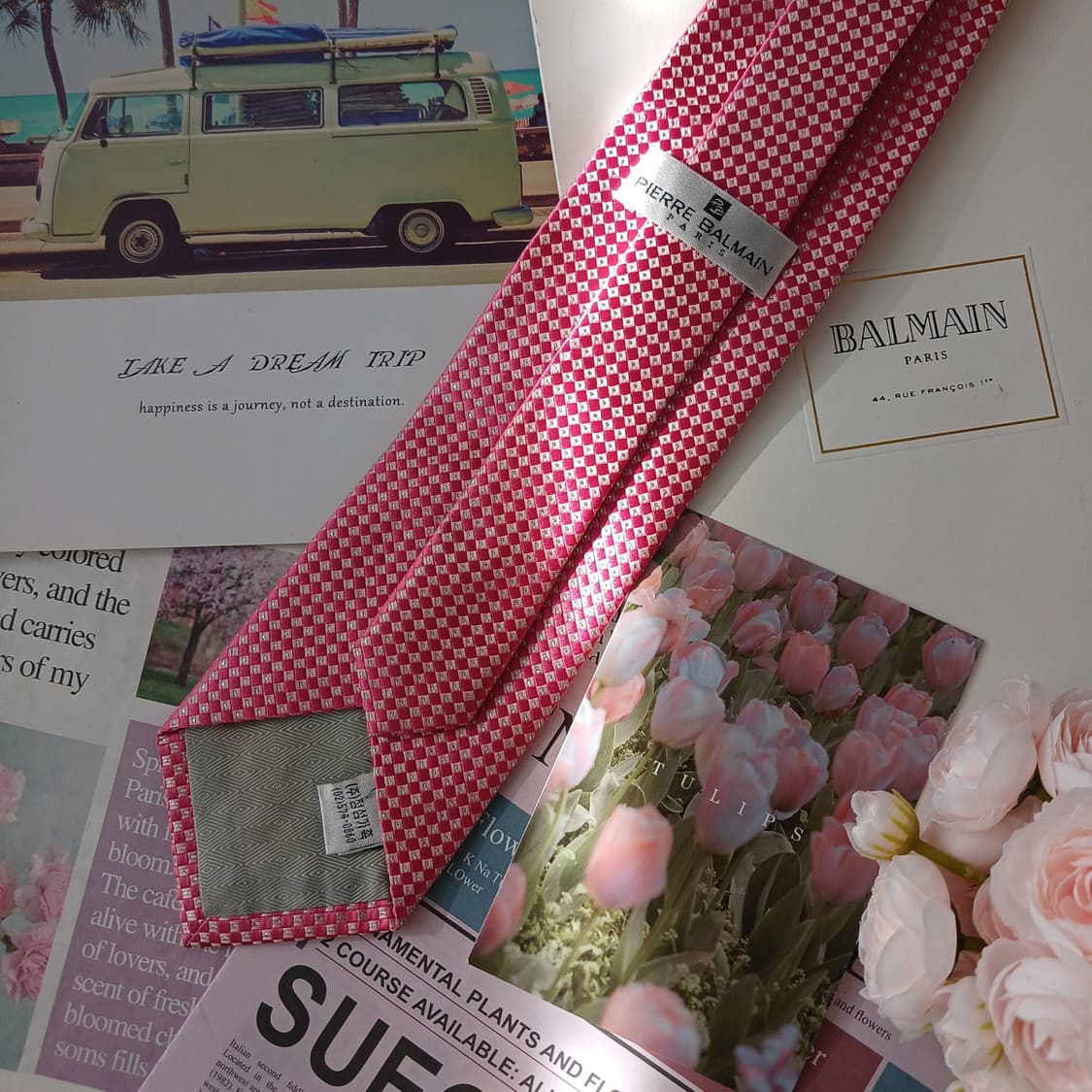 피에르 발망 실크 핑크 체크 패턴 넥타이 9.1cm A+등급 A18927 상품이미지6