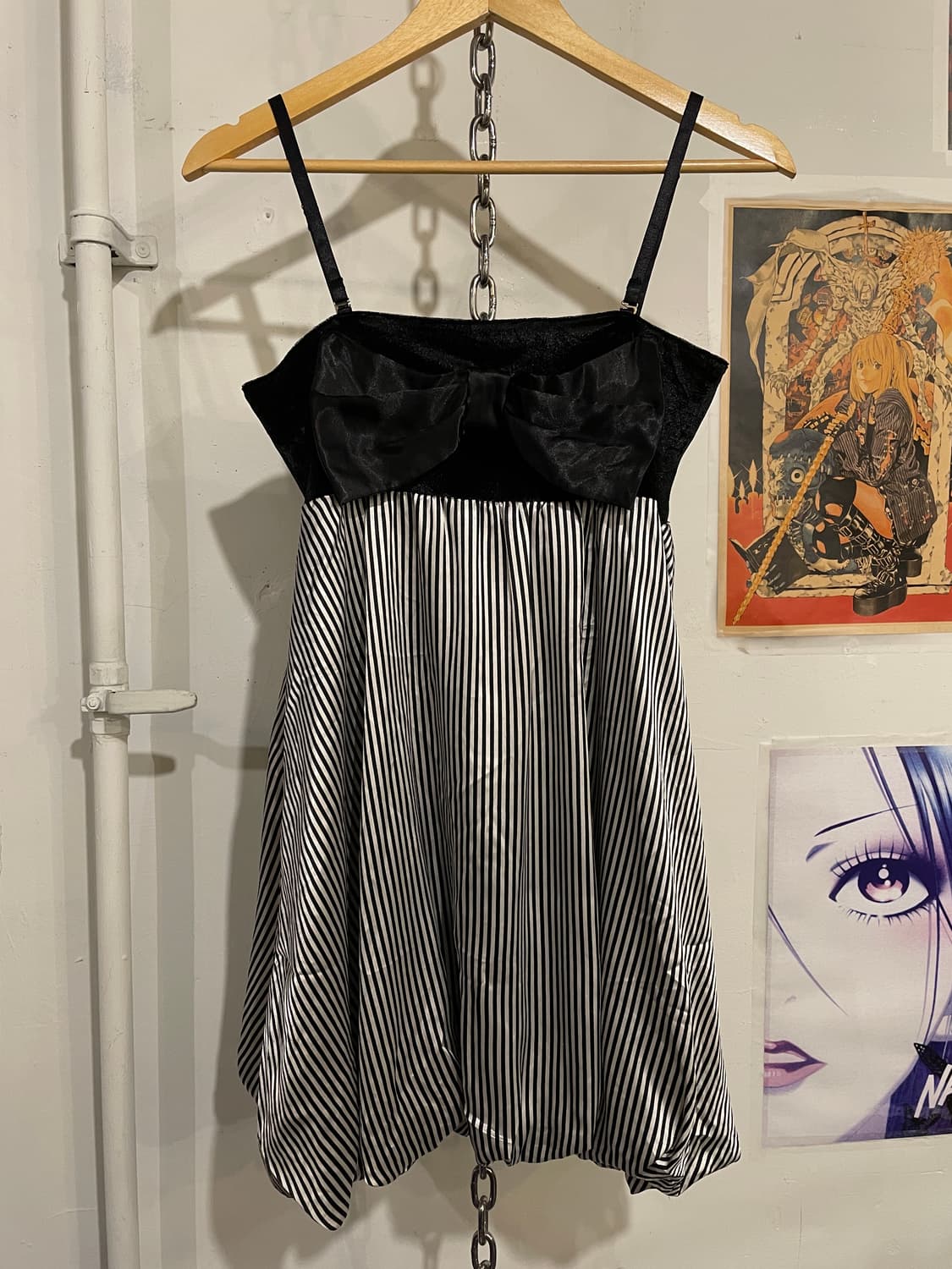 리본 포인트 블랙 스트라이프 원피스 갸루 상품이미지3