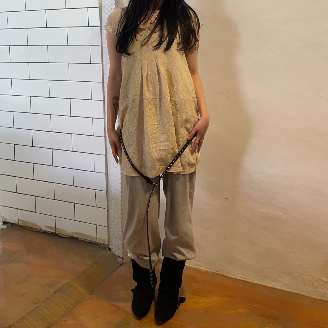 레이빔즈 레이스 퍼프 슬리브 믹스 원피스 상품이미지3