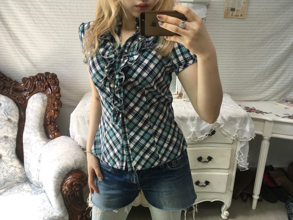 일본빈티지 핀터 민트 체크 러플 퍼프 블라우스 상품이미지1