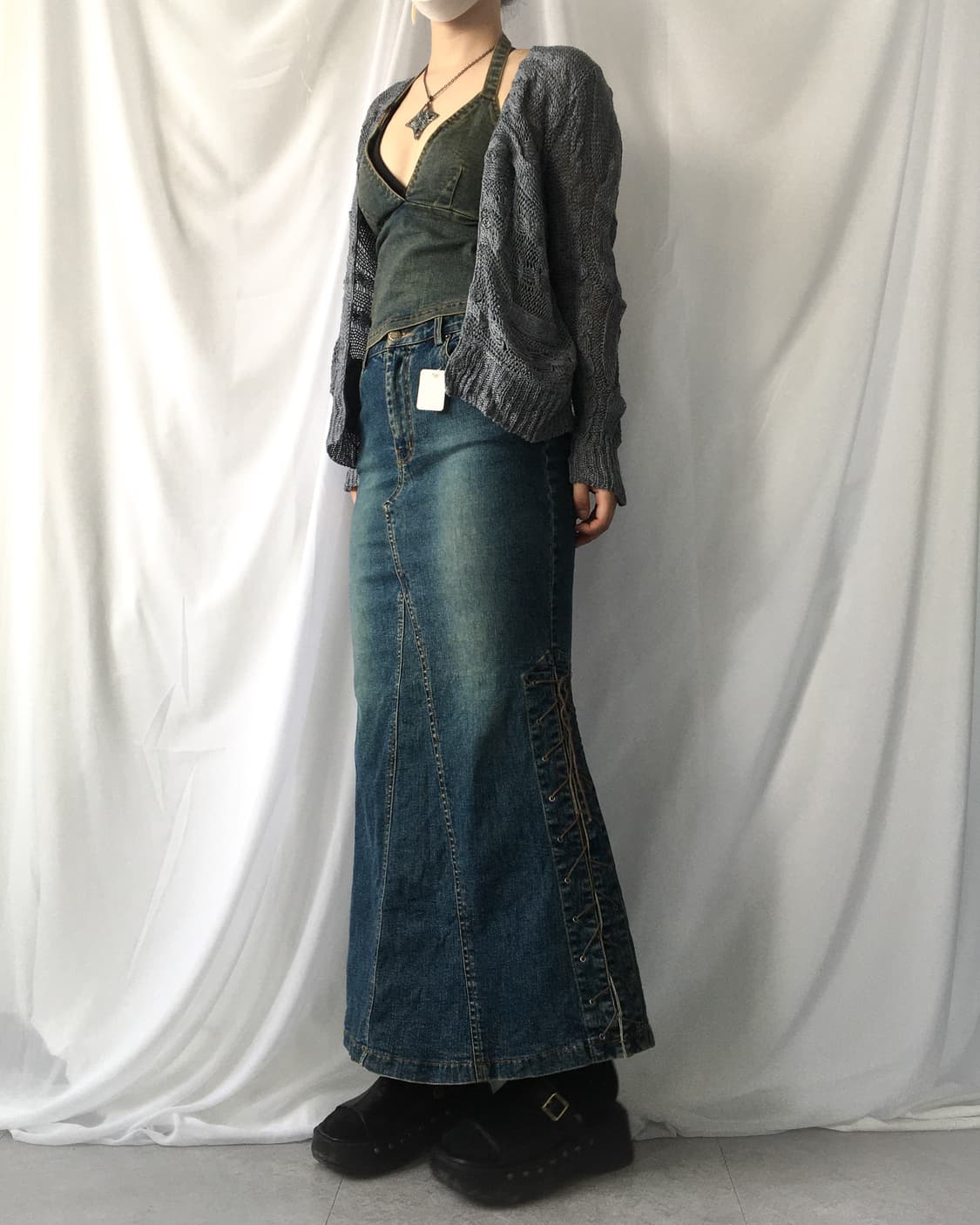 Side lace up point denim long skirt 상품이미지9