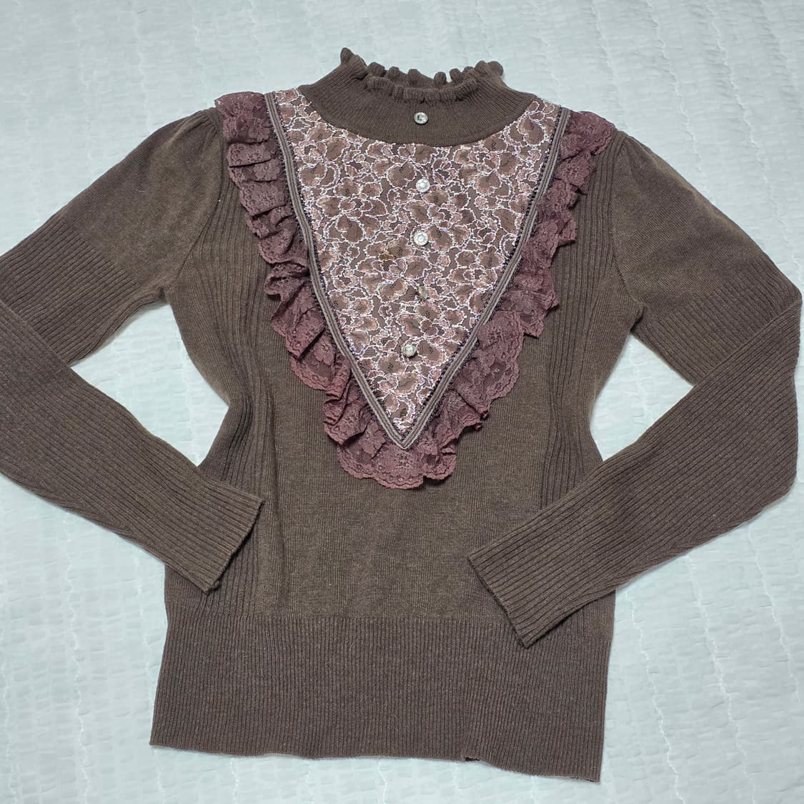 일본빈티지 로판 브라운 라떼갸루 로맨틱 레이스프릴 니트블라우스 상품이미지3