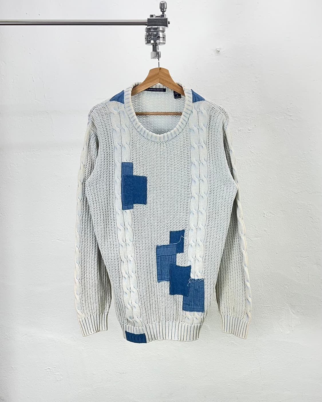 재패니즈 빈티지 인디고 워시드 패치워크 케이블 니트 스웨터 상품이미지1