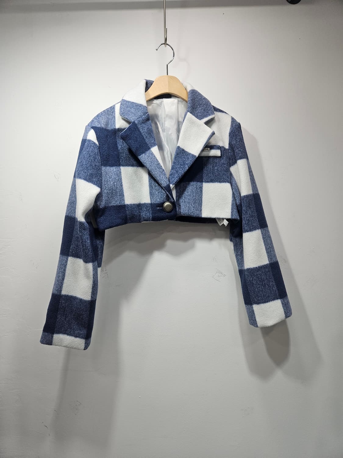 네이비/화이트 체크패턴 크롭자켓 Free 상품이미지1